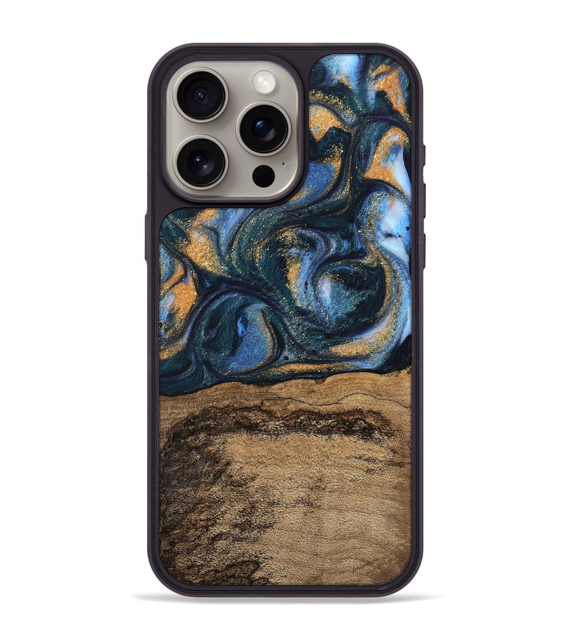 iPhone 15 Pro Max Wood Phone Case - Terry (Teal & Gold, 745172)