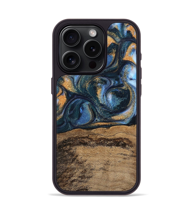 iPhone 15 Pro Wood Phone Case - Terry (Teal & Gold, 745172)