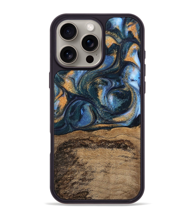 iPhone 16 Pro Max Wood Phone Case - Terry (Teal & Gold, 745172)