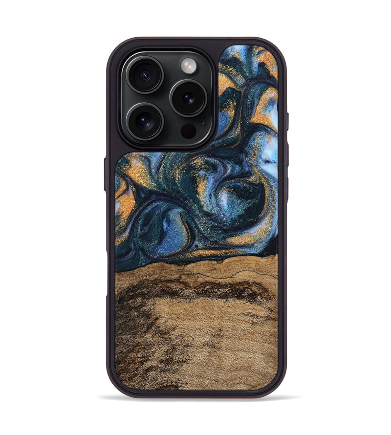 iPhone 16 Pro Wood Phone Case - Terry (Teal & Gold, 745172)