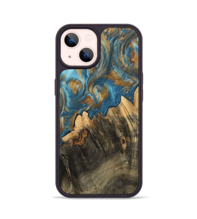 iPhone 14 Wood Phone Case - Deetta (Teal & Gold, 745192)