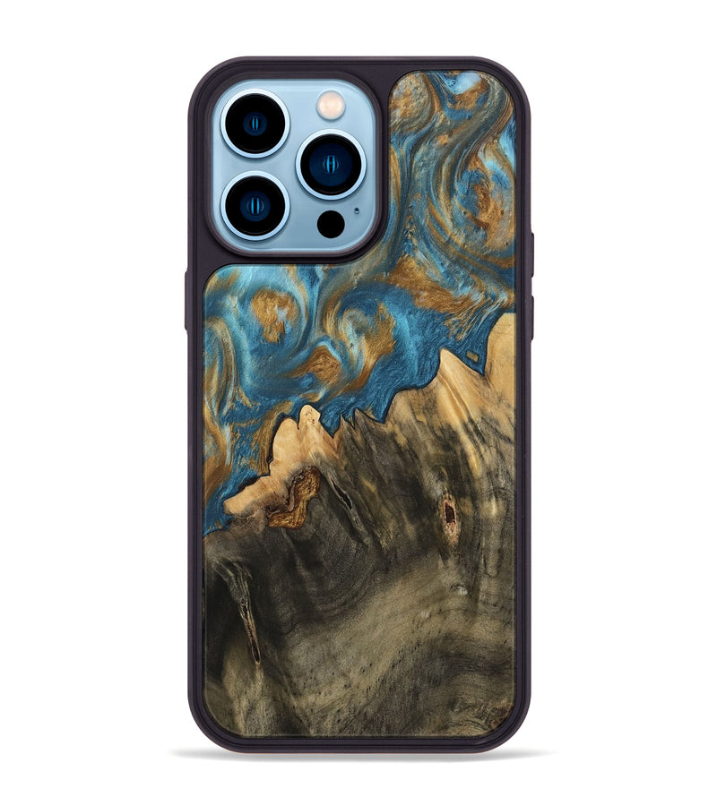 iPhone 14 Pro Max Wood Phone Case - Deetta (Teal & Gold, 745192)