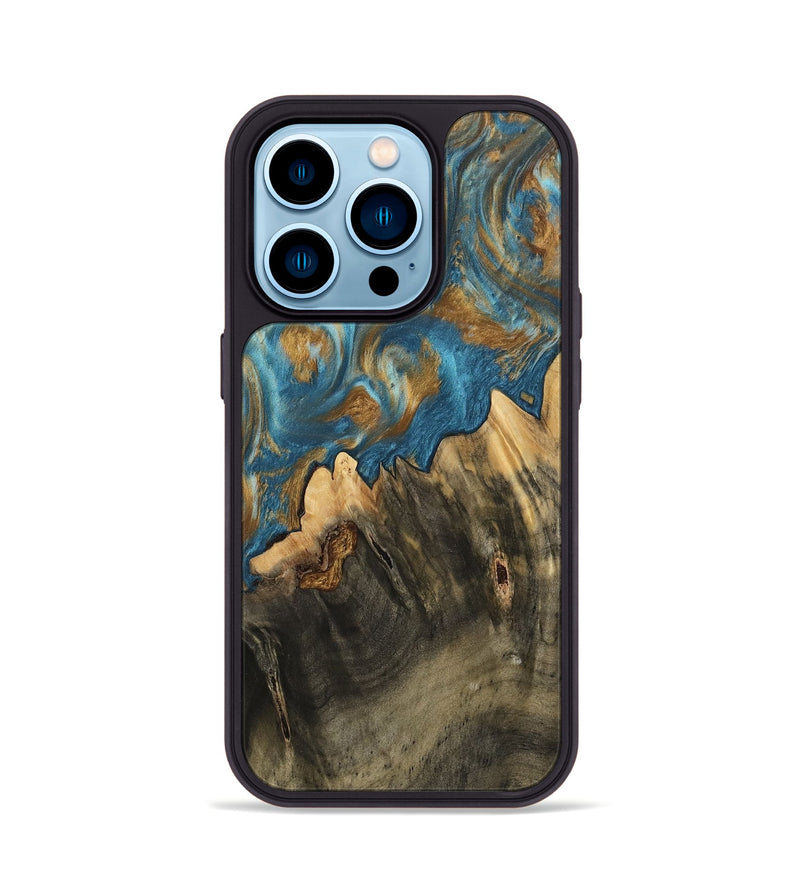 iPhone 14 Pro Wood Phone Case - Deetta (Teal & Gold, 745192)