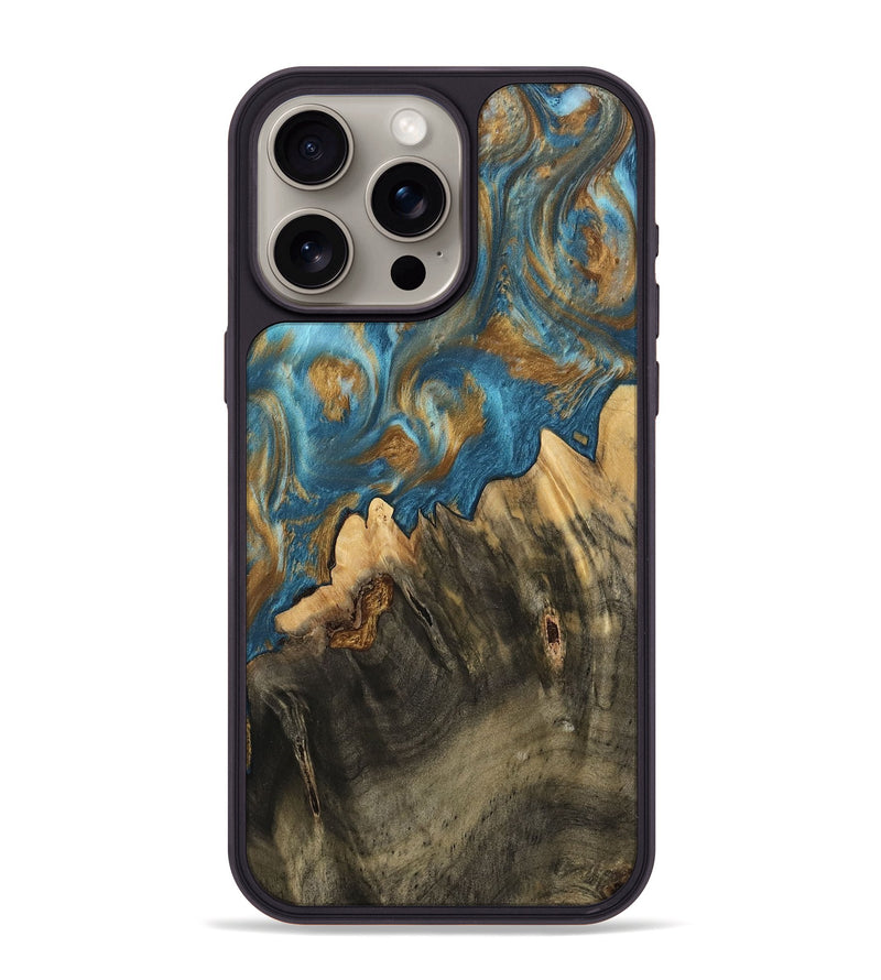 iPhone 15 Pro Max Wood Phone Case - Deetta (Teal & Gold, 745192)