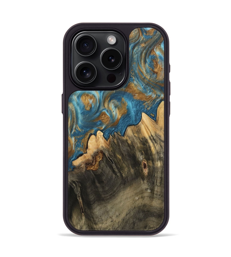 iPhone 15 Pro Wood Phone Case - Deetta (Teal & Gold, 745192)