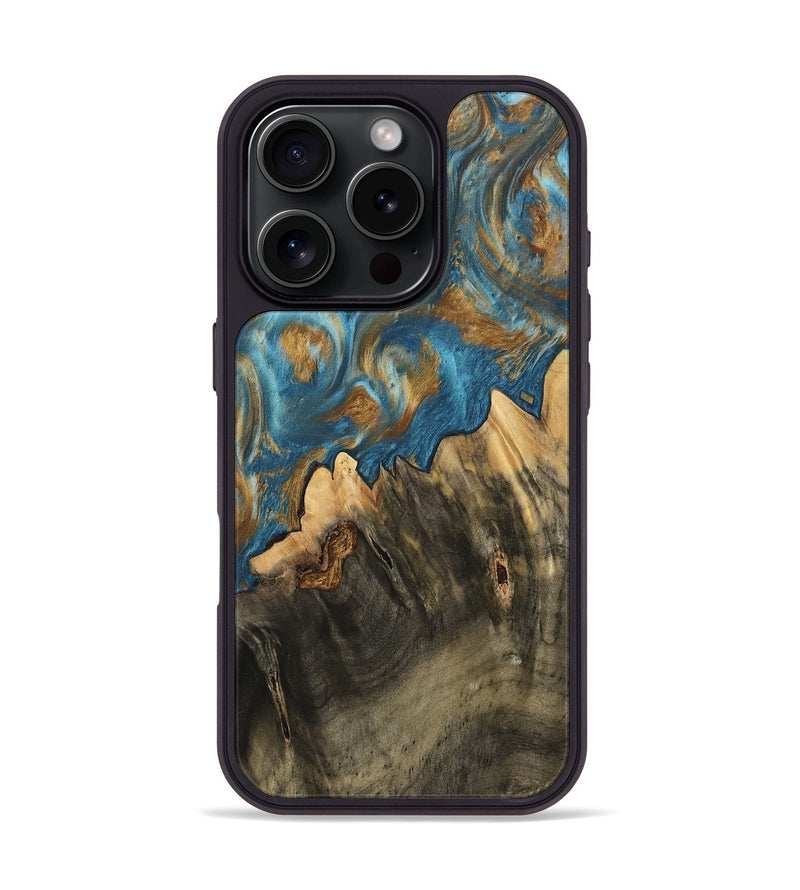 iPhone 16 Pro Wood Phone Case - Deetta (Teal & Gold, 745192)