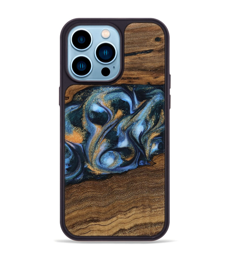 iPhone 14 Pro Max Wood Phone Case - Mietek (Teal & Gold, 745214)