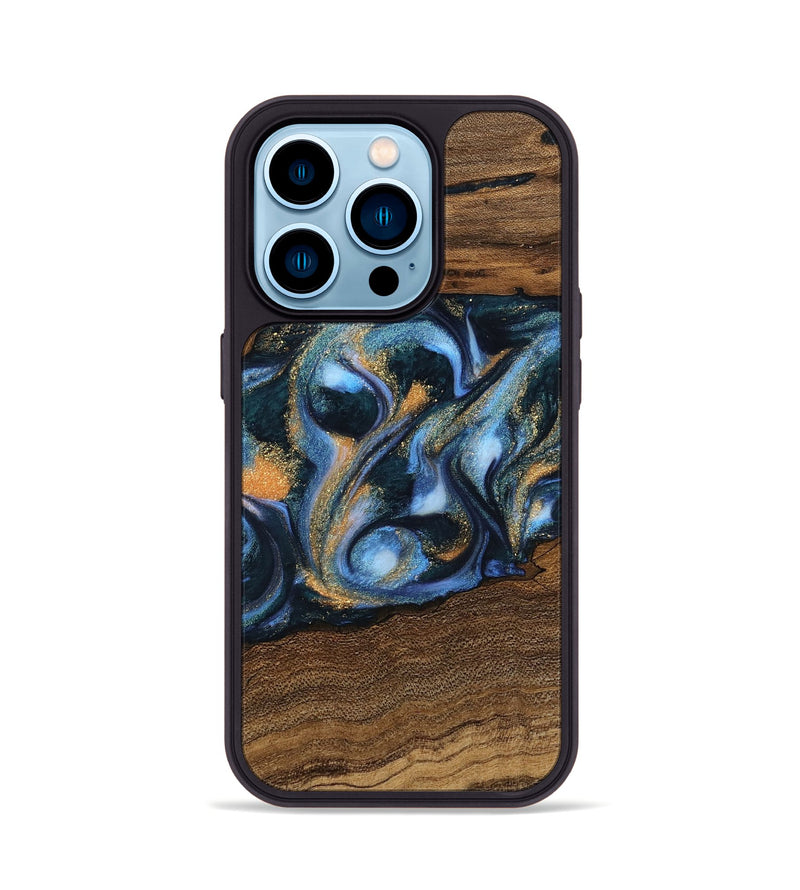 iPhone 14 Pro Wood Phone Case - Mietek (Teal & Gold, 745214)