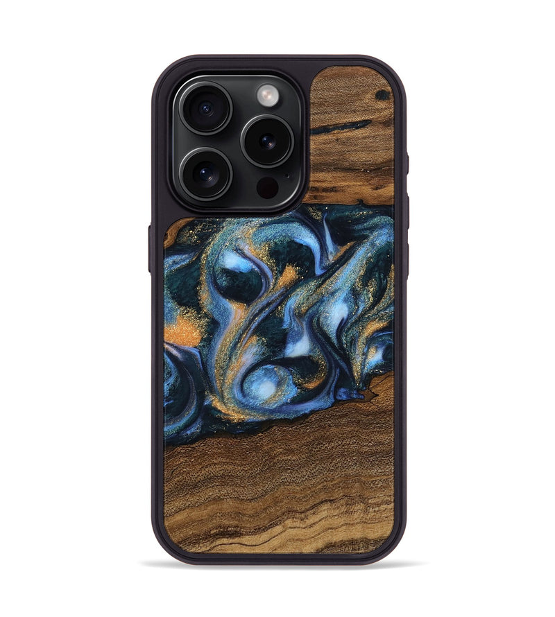 iPhone 15 Pro Wood Phone Case - Mietek (Teal & Gold, 745214)