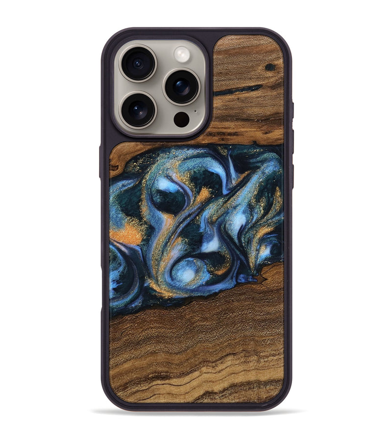 iPhone 16 Pro Max Wood Phone Case - Mietek (Teal & Gold, 745214)