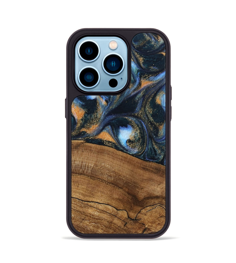 iPhone 14 Pro Wood Phone Case - Livia (Teal & Gold, 745220)