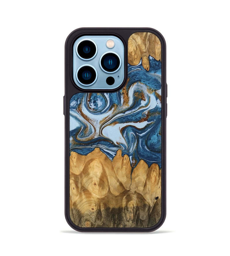 iPhone 14 Pro Wood Phone Case - Lanny (Teal & Gold, 745309)