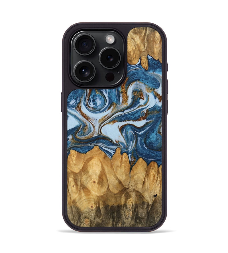 iPhone 15 Pro Wood Phone Case - Lanny (Teal & Gold, 745309)