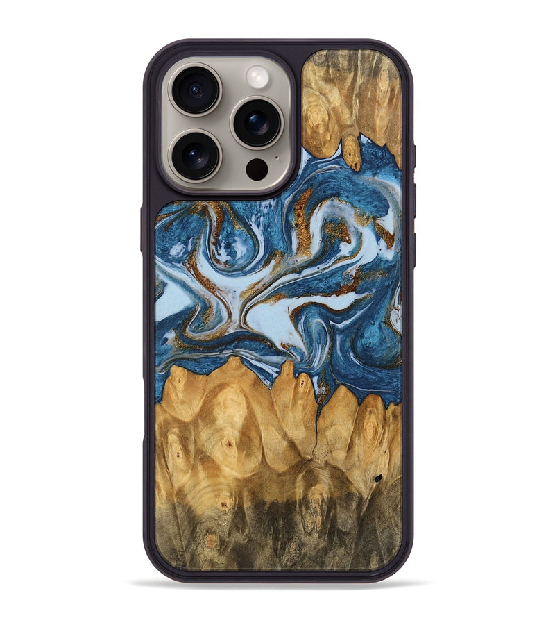 iPhone 16 Pro Max Wood Phone Case - Lanny (Teal & Gold, 745309)