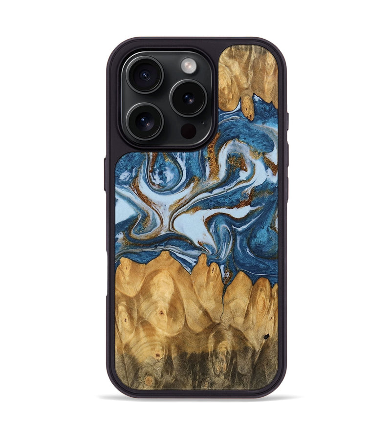 iPhone 16 Pro Wood Phone Case - Lanny (Teal & Gold, 745309)