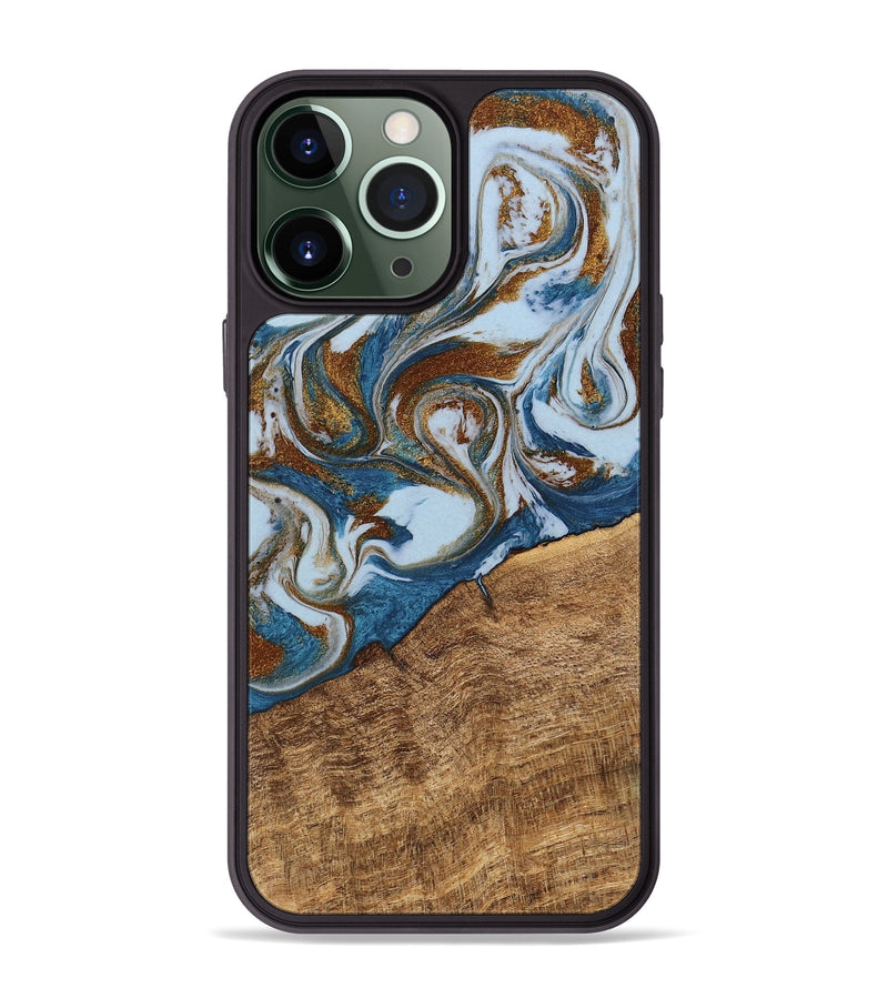 iPhone 13 Pro Max Wood Phone Case - Indy (Teal & Gold, 745310)