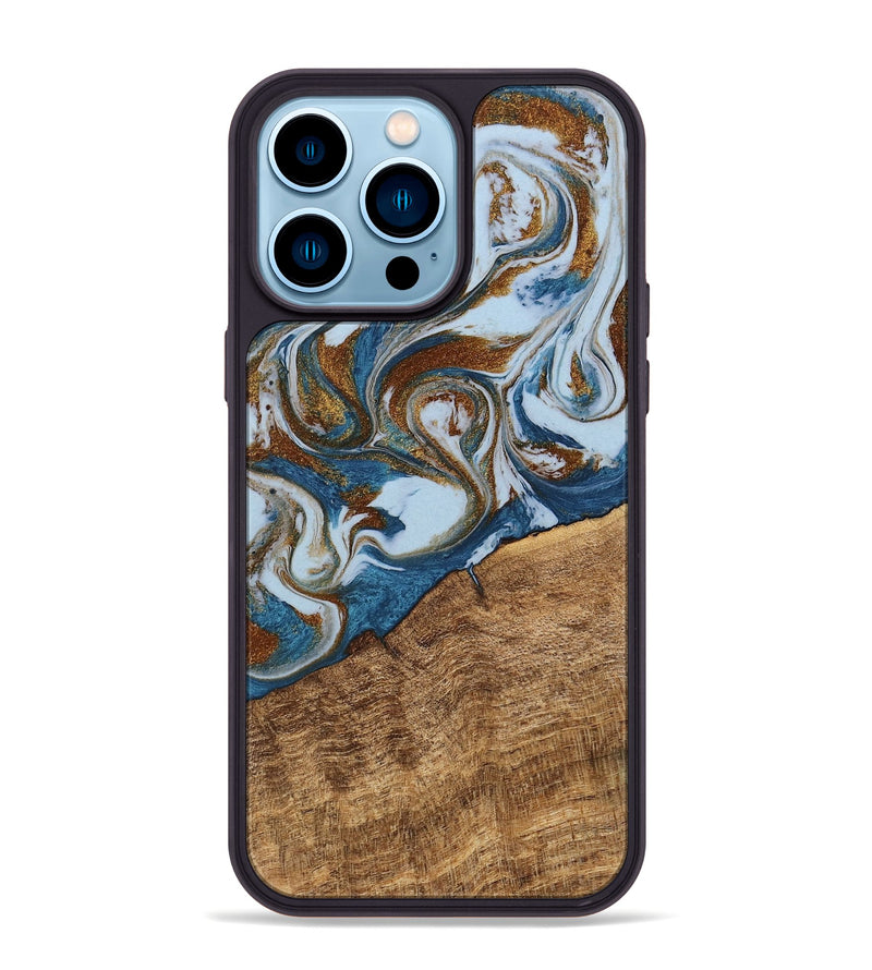 iPhone 14 Pro Max Wood Phone Case - Indy (Teal & Gold, 745310)