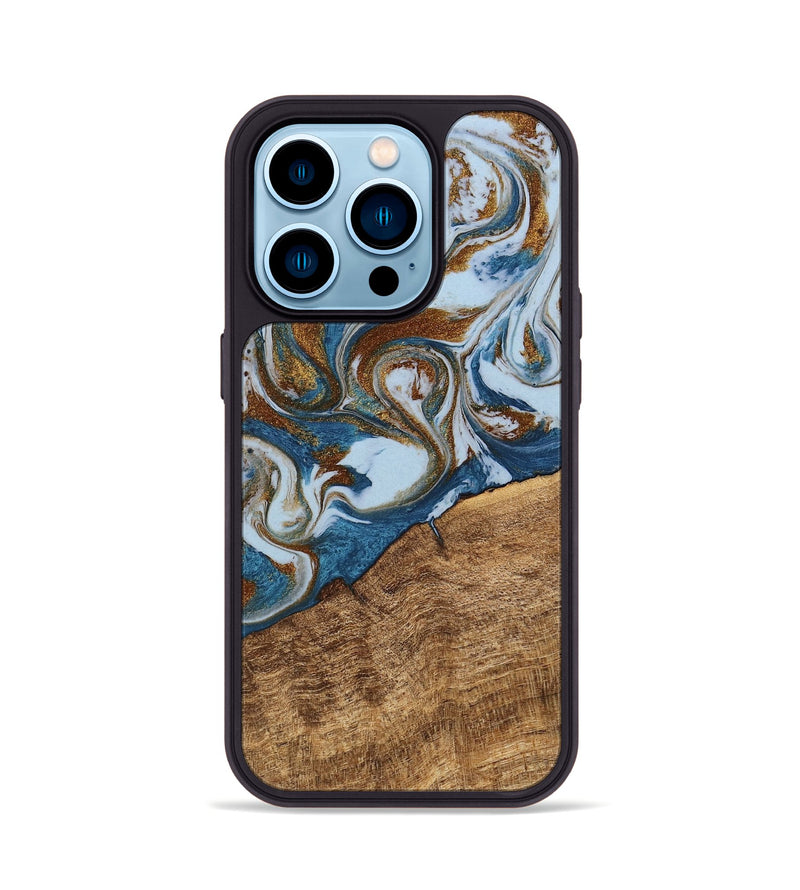 iPhone 14 Pro Wood Phone Case - Indy (Teal & Gold, 745310)