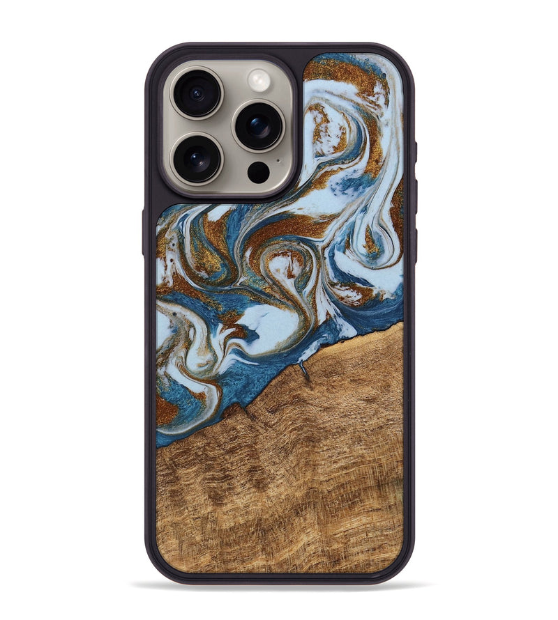 iPhone 15 Pro Max Wood Phone Case - Indy (Teal & Gold, 745310)