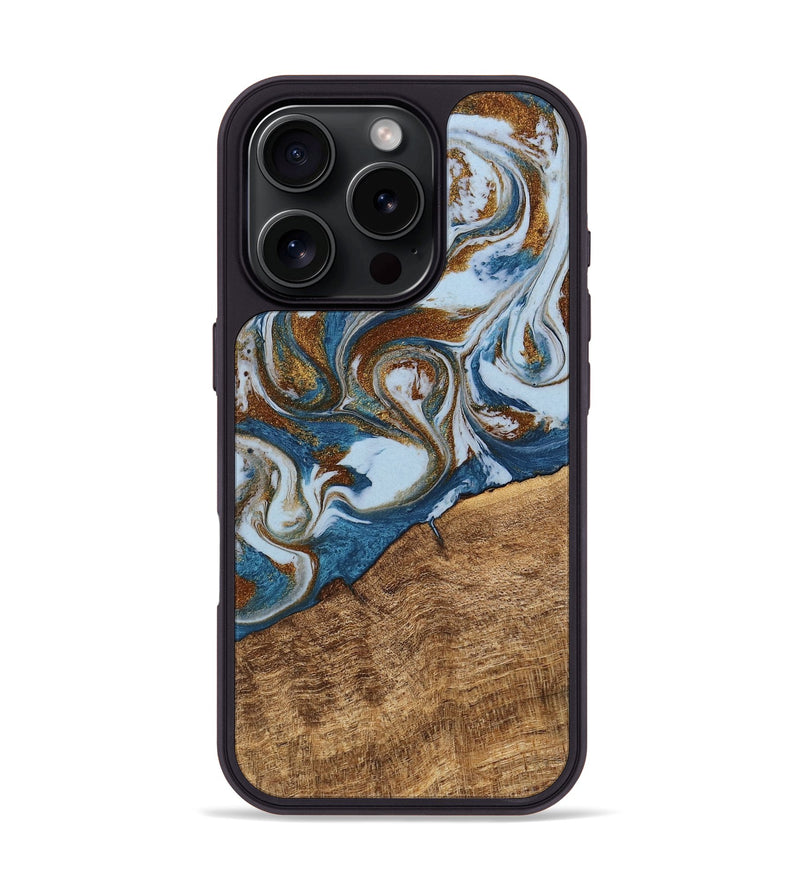 iPhone 16 Pro Wood Phone Case - Indy (Teal & Gold, 745310)