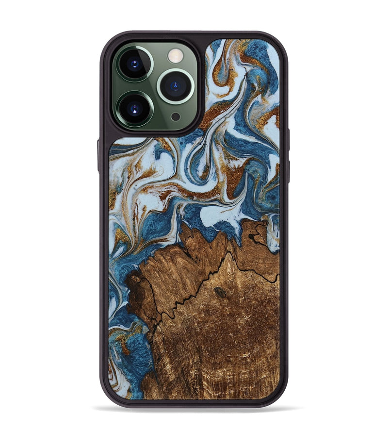 iPhone 13 Pro Max Wood Phone Case - Izayah (Teal & Gold, 745312)