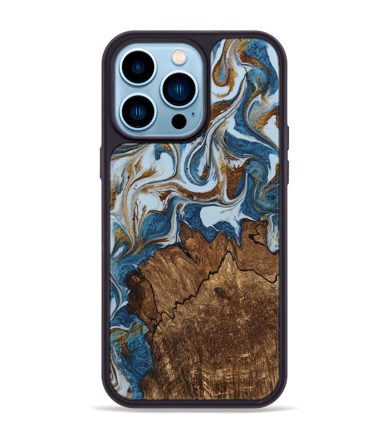 iPhone 14 Pro Max Wood Phone Case - Izayah (Teal & Gold, 745312)