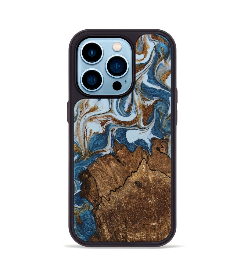 iPhone 14 Pro Wood Phone Case - Izayah (Teal & Gold, 745312)