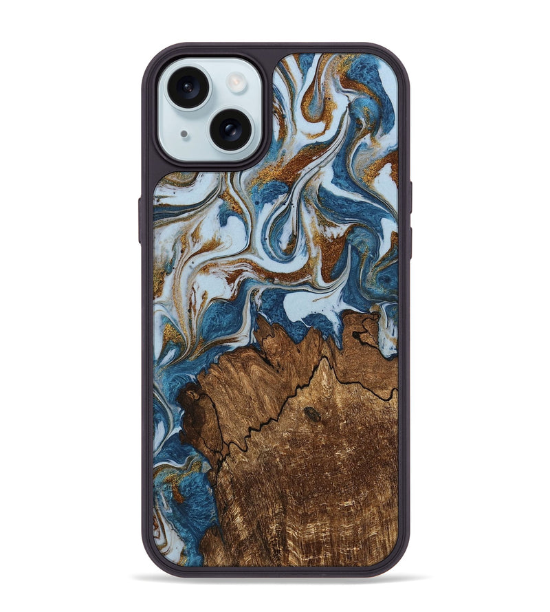 iPhone 15 Plus Wood Phone Case - Izayah (Teal & Gold, 745312)