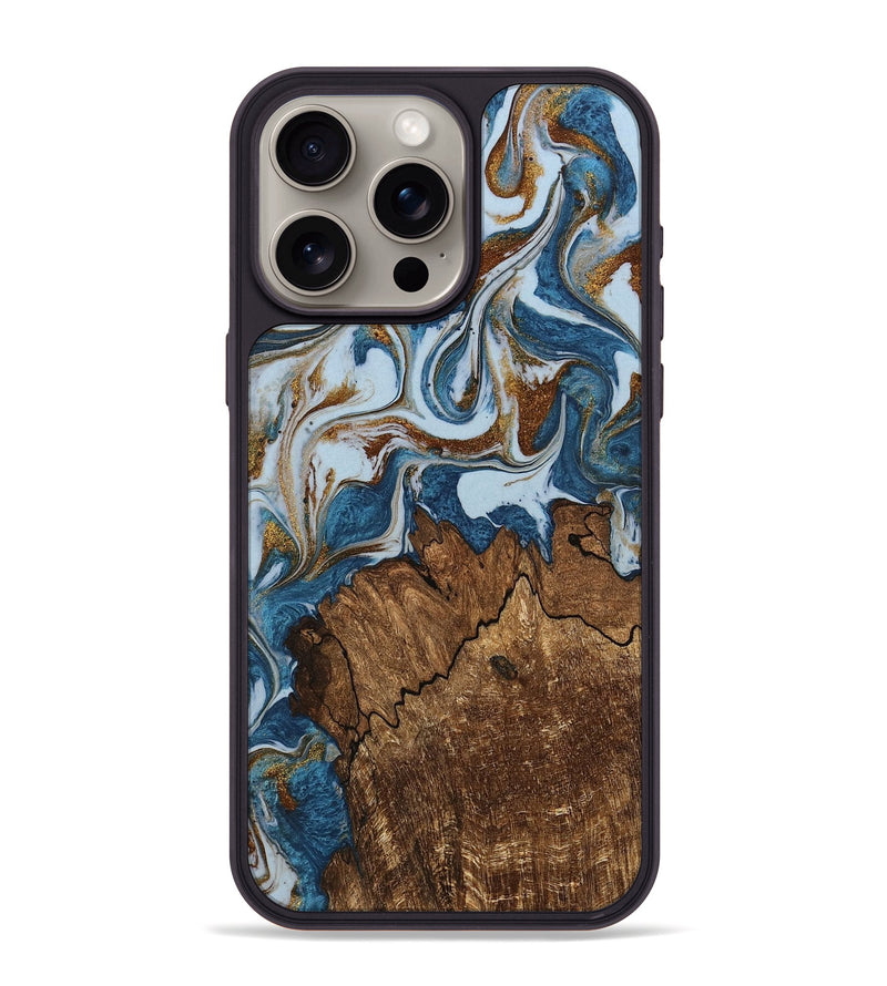 iPhone 15 Pro Max Wood Phone Case - Izayah (Teal & Gold, 745312)