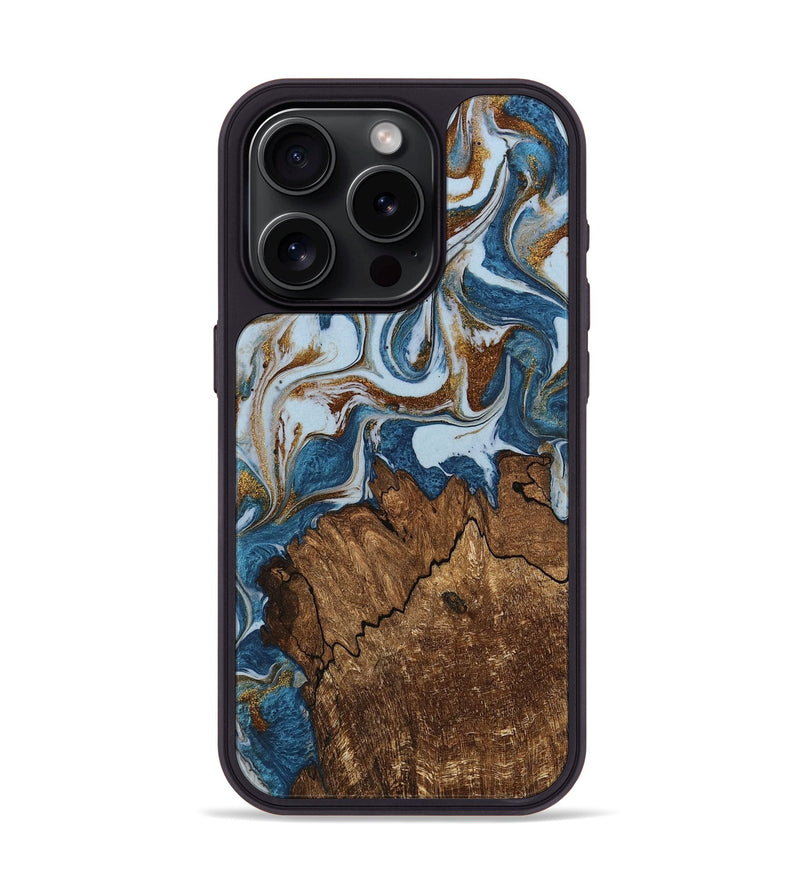 iPhone 15 Pro Wood Phone Case - Izayah (Teal & Gold, 745312)