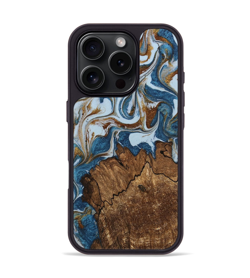 iPhone 16 Pro Wood Phone Case - Izayah (Teal & Gold, 745312)