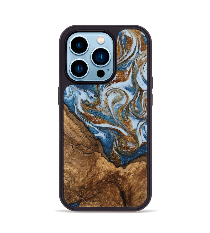 iPhone 14 Pro Wood Phone Case - Verlon (Teal & Gold, 745319)