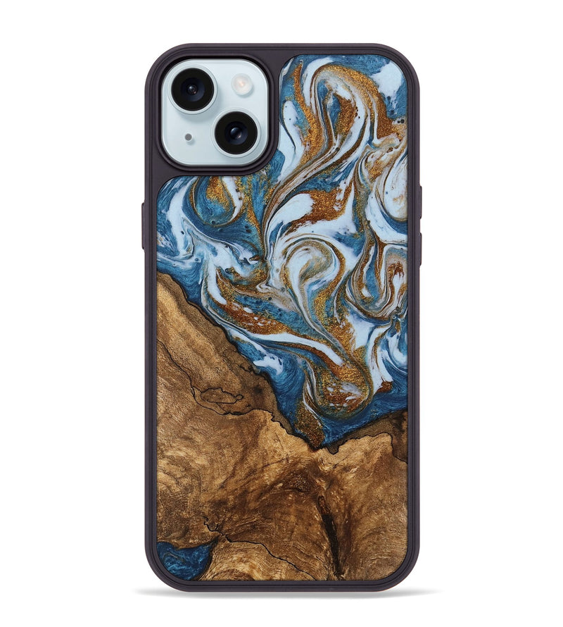 iPhone 15 Plus Wood Phone Case - Verlon (Teal & Gold, 745319)