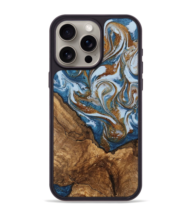 iPhone 15 Pro Max Wood Phone Case - Verlon (Teal & Gold, 745319)