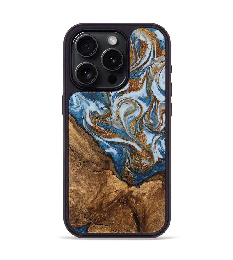 iPhone 15 Pro Wood Phone Case - Verlon (Teal & Gold, 745319)