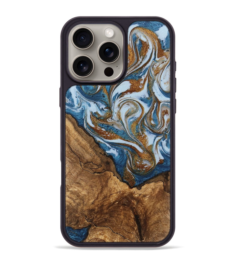 iPhone 16 Pro Max Wood Phone Case - Verlon (Teal & Gold, 745319)