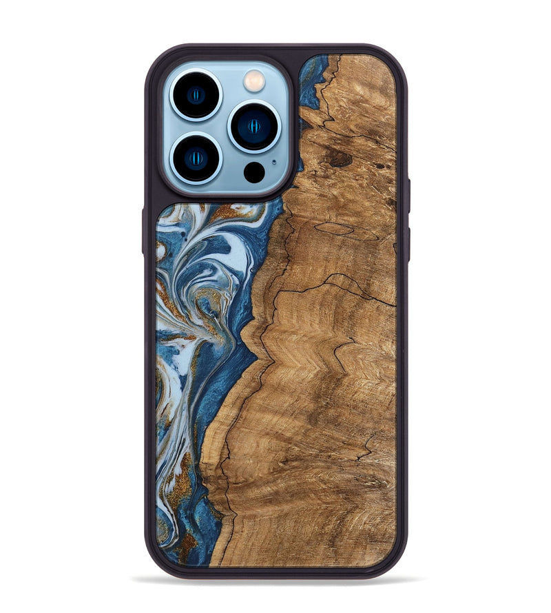 iPhone 14 Pro Max Wood Phone Case - Latifah (Teal & Gold, 745438)