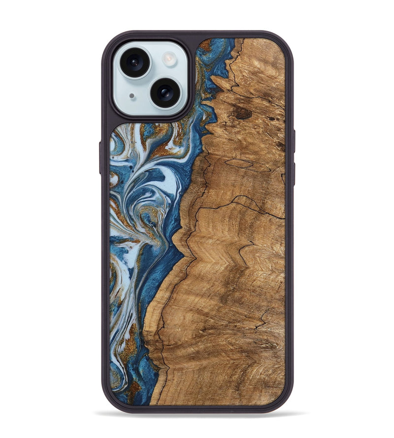 iPhone 15 Plus Wood Phone Case - Latifah (Teal & Gold, 745438)