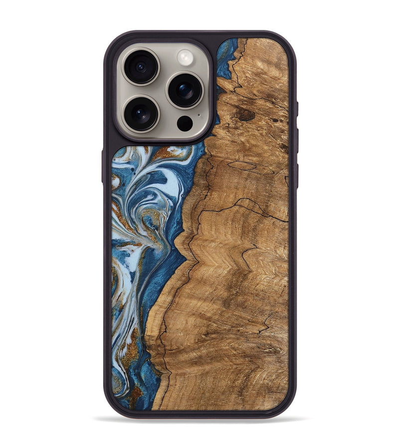 iPhone 15 Pro Max Wood Phone Case - Latifah (Teal & Gold, 745438)