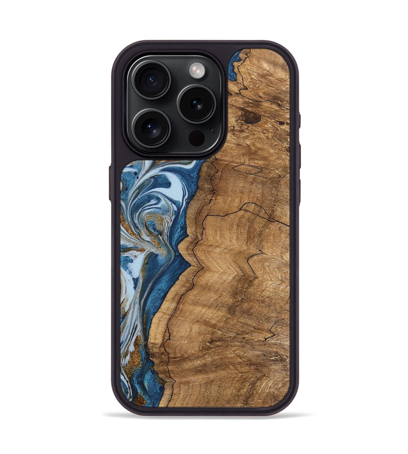 iPhone 15 Pro Wood Phone Case - Latifah (Teal & Gold, 745438)