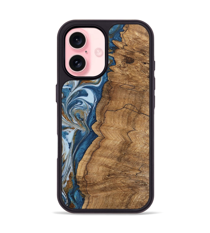 iPhone 16 Wood Phone Case - Latifah (Teal & Gold, 745438)