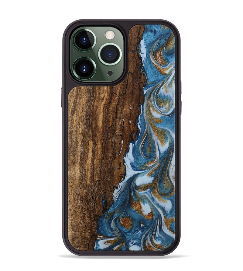 iPhone 13 Pro Max Wood Phone Case - Loney (Teal & Gold, 745439)