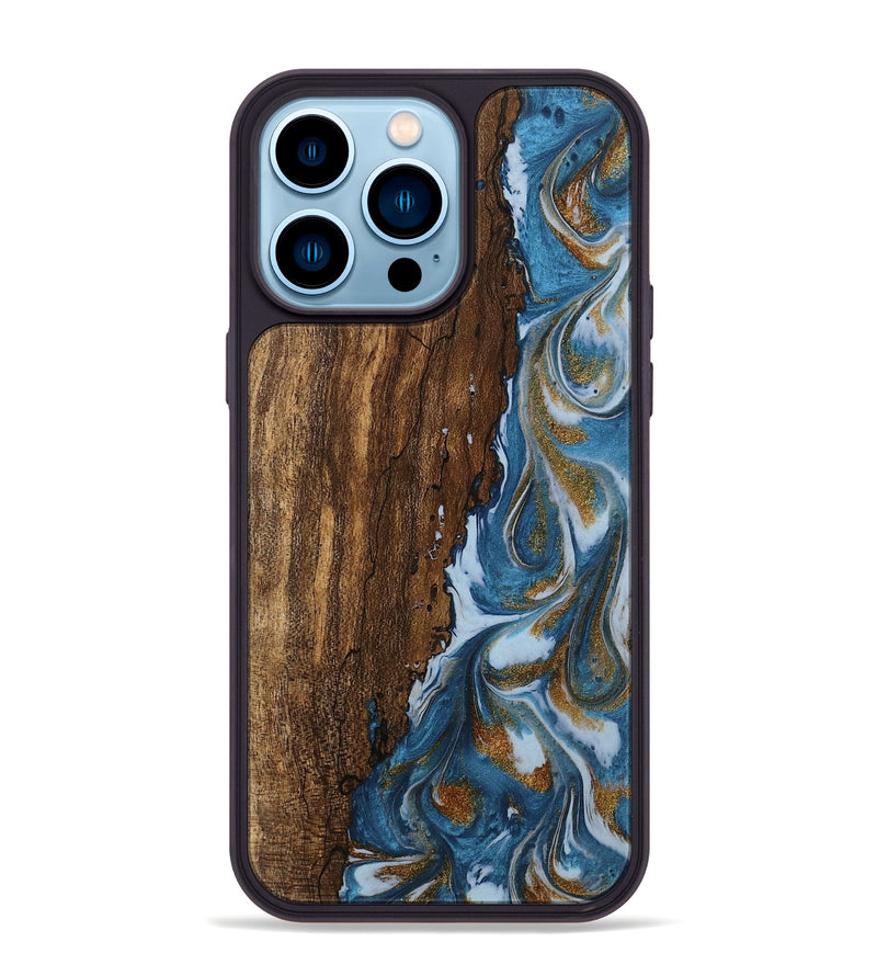 iPhone 14 Pro Max Wood Phone Case - Loney (Teal & Gold, 745439)