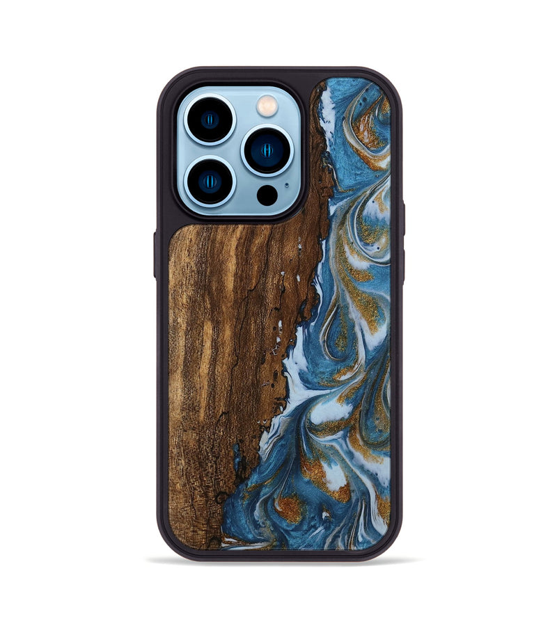 iPhone 14 Pro Wood Phone Case - Loney (Teal & Gold, 745439)