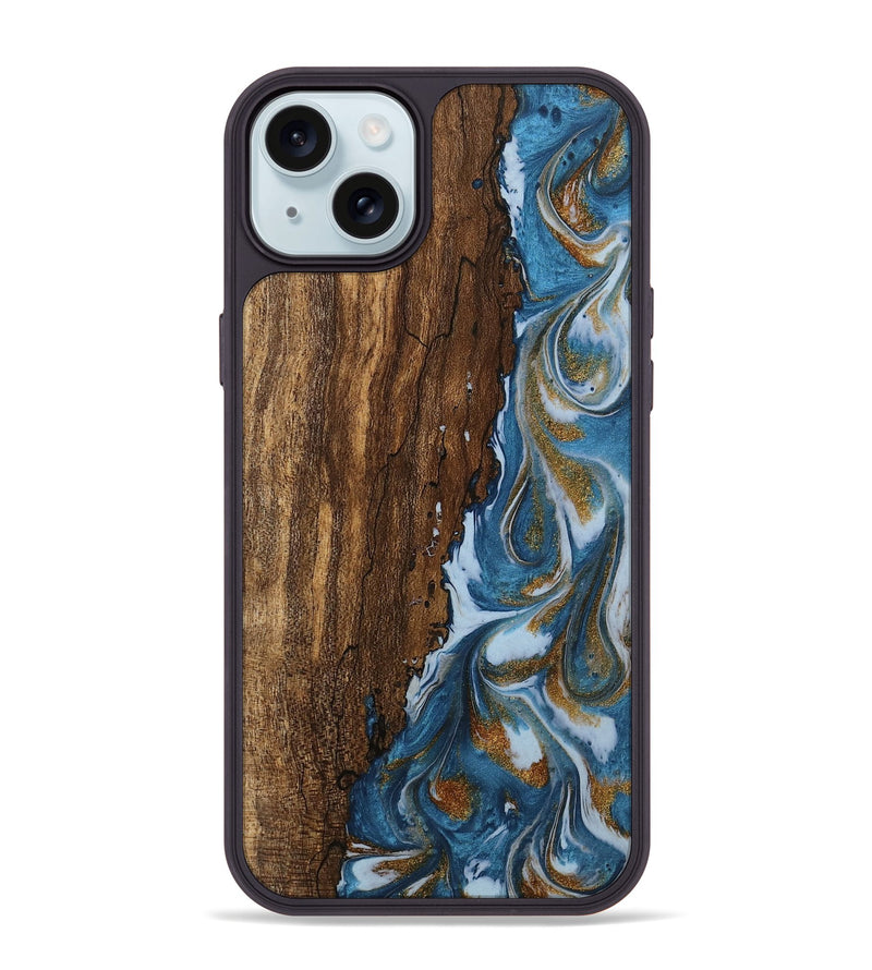 iPhone 15 Plus Wood Phone Case - Loney (Teal & Gold, 745439)