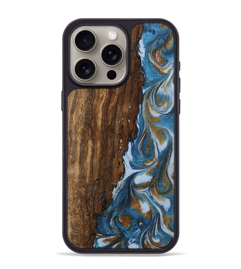 iPhone 15 Pro Max Wood Phone Case - Loney (Teal & Gold, 745439)