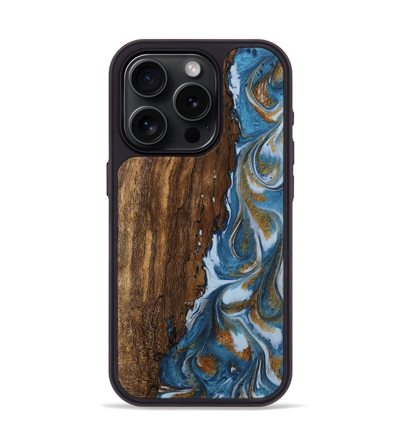 iPhone 15 Pro Wood Phone Case - Loney (Teal & Gold, 745439)