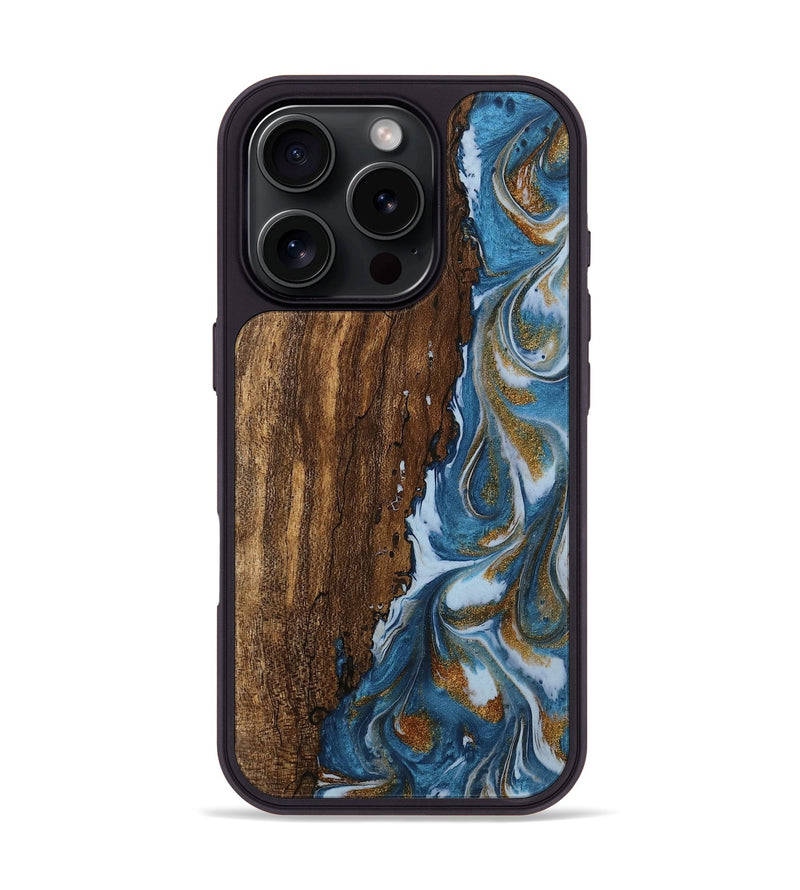 iPhone 16 Pro Wood Phone Case - Loney (Teal & Gold, 745439)