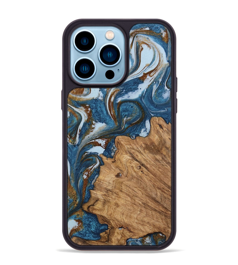 iPhone 14 Pro Max Wood Phone Case - Dodi (Teal & Gold, 745448)