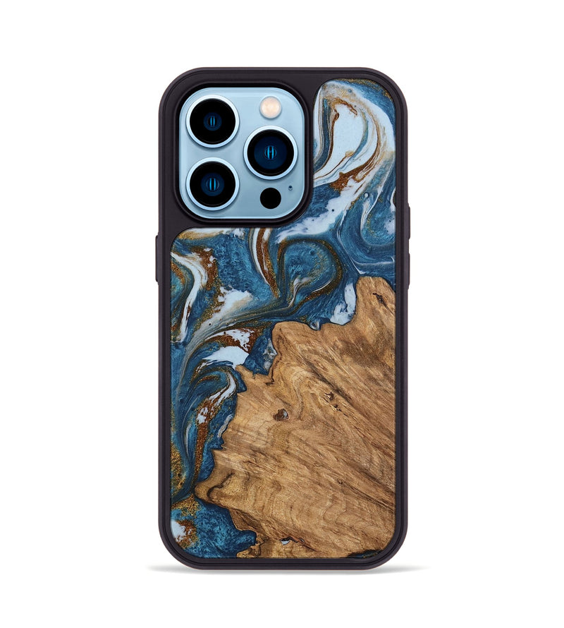 iPhone 14 Pro Wood Phone Case - Dodi (Teal & Gold, 745448)